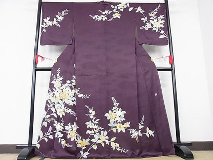 平和屋本店●極上 創業460年・千總 訪問着 枝花文 紫鳶色地 金彩 着丈168cm 裄丈69cm 正絹 逸品 未使用 3kk2785