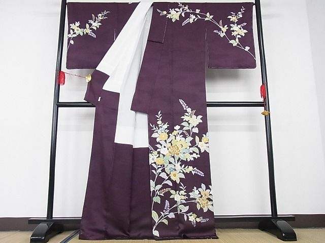 平和屋本店●極上 創業460年・千總 訪問着 枝花文 紫鳶色地 金彩 着丈168cm 裄丈69cm 正絹 逸品 未使用 3kk2785