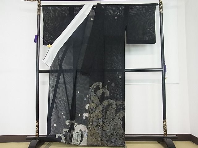 平和屋本店■極上　訪問着　無双　紗袷　紗×紗　秋草立波文　黒地　金彩　逸品3s20306