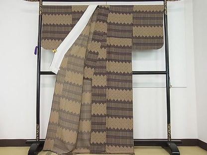平和屋本店■極上　池田重子コレクション　小紋　単衣　紗綾形文様　パールトーン加工　逸品3s20388