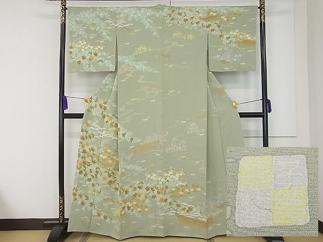 平和屋本店●極上 創業460年・千總 訪問着 刺繍 草花文 柳茶色地 高島屋扱い 逸品3s20711