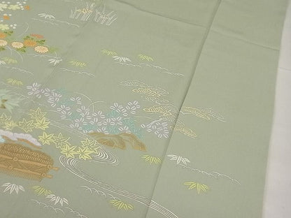 平和屋本店●極上 創業460年・千總 訪問着 刺繍 草花文 柳茶色地 高島屋扱い 逸品3s20711