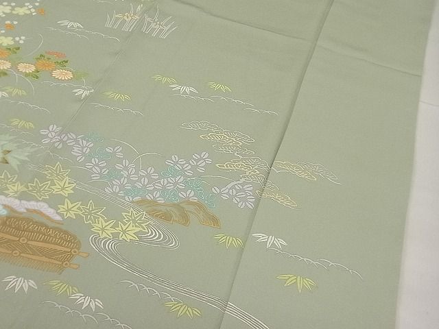 平和屋本店●極上 創業460年・千總 訪問着 刺繍 草花文 柳茶色地 高島屋扱い 逸品3s20711