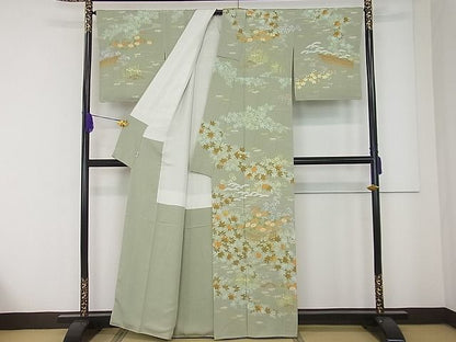 平和屋本店●極上 創業460年・千總 訪問着 刺繍 草花文 柳茶色地 高島屋扱い 逸品3s20711