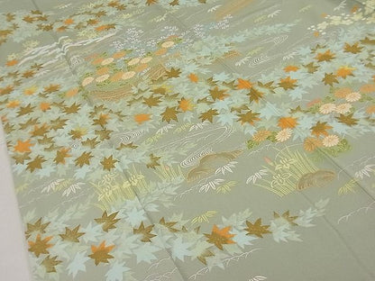 平和屋本店●極上 創業460年・千總 訪問着 刺繍 草花文 柳茶色地 高島屋扱い 逸品3s20711