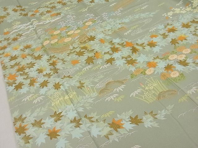 平和屋本店●極上 創業460年・千總 訪問着 刺繍 草花文 柳茶色地 高島屋扱い 逸品3s20711