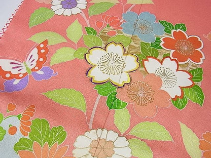 平和屋本店■極上　創業460年・千總　七五三　女の子　7歳　祝着　駒刺繍　舞蝶花丸文　金彩　真朱色地　しつけ糸付き　逸品　DZAA1169kh5 - 平和屋