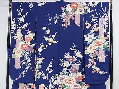平和屋本店■極上　創業460年・千總　振袖　駒刺繍　筒花文　紺藍色地　金彩　逸品　DZAA1609kh5 - 平和屋