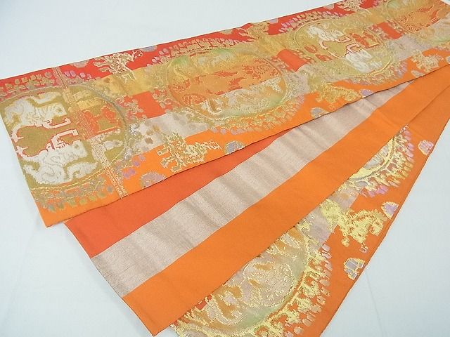 平和屋本店■龍村平蔵製　六通柄袋帯　円文白虎錦　金銀糸　逸品　4kh2161 - 平和屋