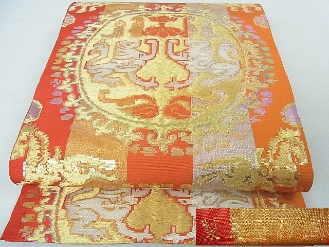 平和屋本店■龍村平蔵製　六通柄袋帯　円文白虎錦　金銀糸　逸品　4kh2161 - 平和屋