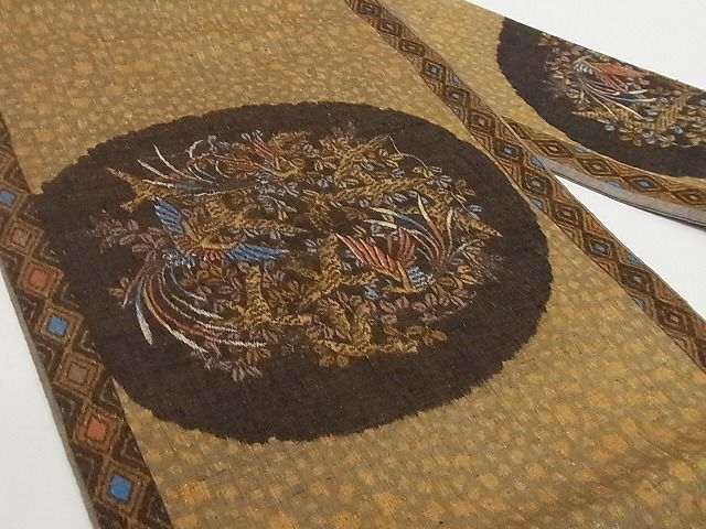 平和屋本店■極上 本場結城紬 重要無形文化財 九寸名古屋帯 花鳥文 小田急百貨店扱い たとう紙・証紙付き 正絹 逸品 4kk10145 - 平和屋