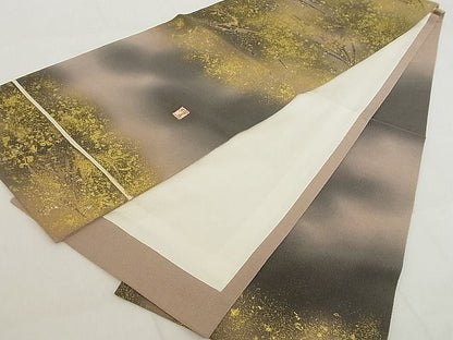 平和屋本店■極上　浦野理一　金彩友禅　九寸開き名古屋帯　枝花文　暈し　金銀彩　鬼しぼ縮緬　正絹　逸品　未使用　4kk10146 - 平和屋