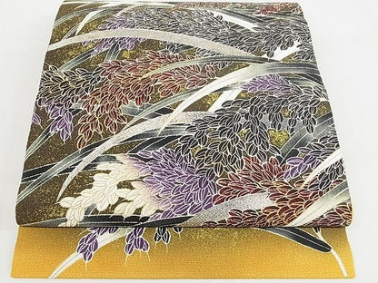 平和屋本店■希少 極上 浦野理一 息子 浦野範雄 九寸開き名古屋帯 金彩友禅 稲穂 暈し 金銀彩 鬼しぼ縮緬 正絹 逸品 4kk10185 - 平和屋