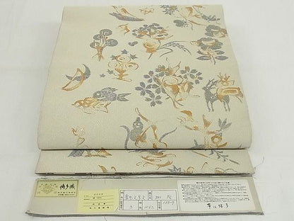 平和屋本店■極上 本場筑前博多織 大倉織物 誠之輔 両面全通柄袋帯 象形文字文 雪だるま トナカイ 証紙付 逸品 未使用 4kk10226 - 平和屋