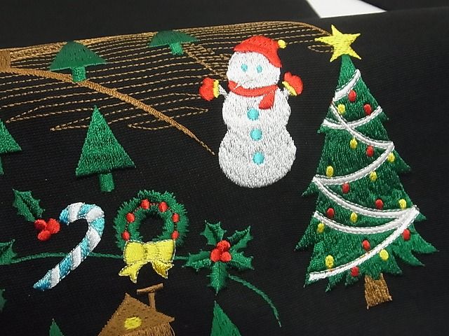 平和屋本店■極上　九寸名古屋帯　クリスマス　トナカイ　サンタクロース　雪だるま　黒地　金銀糸　正絹　逸品　未使用　4kk10249 - 平和屋