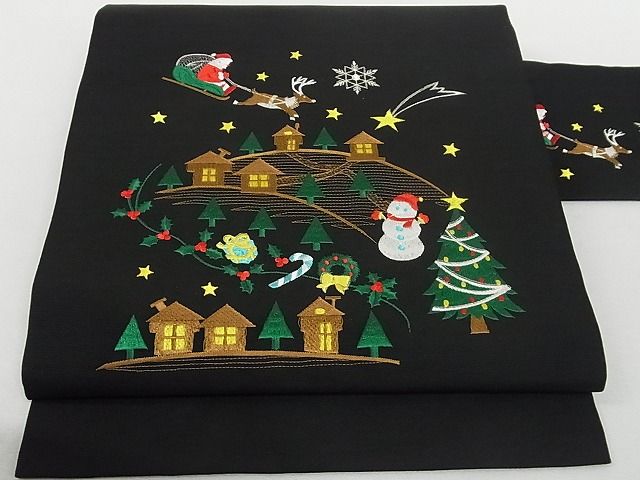平和屋本店■極上　九寸名古屋帯　クリスマス　トナカイ　サンタクロース　雪だるま　黒地　金銀糸　正絹　逸品　未使用　4kk10249 - 平和屋