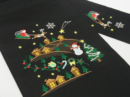 平和屋本店■極上　九寸名古屋帯　クリスマス　トナカイ　サンタクロース　雪だるま　黒地　金銀糸　正絹　逸品　未使用　4kk10249 - 平和屋