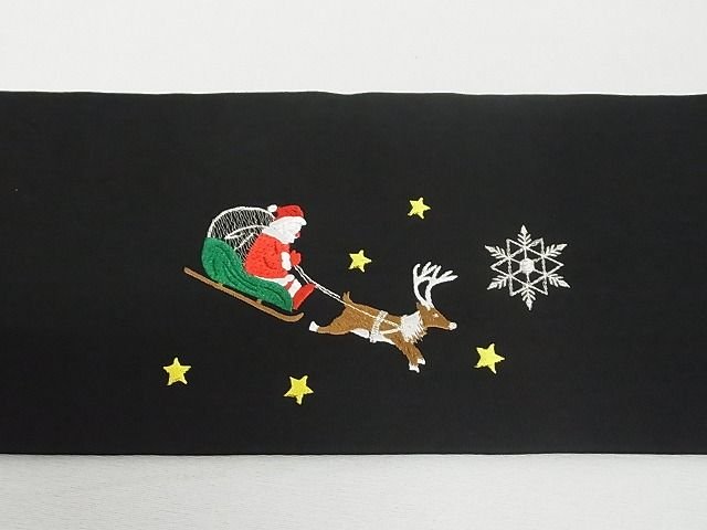 平和屋本店■極上　九寸名古屋帯　クリスマス　トナカイ　サンタクロース　雪だるま　黒地　金銀糸　正絹　逸品　未使用　4kk10249 - 平和屋