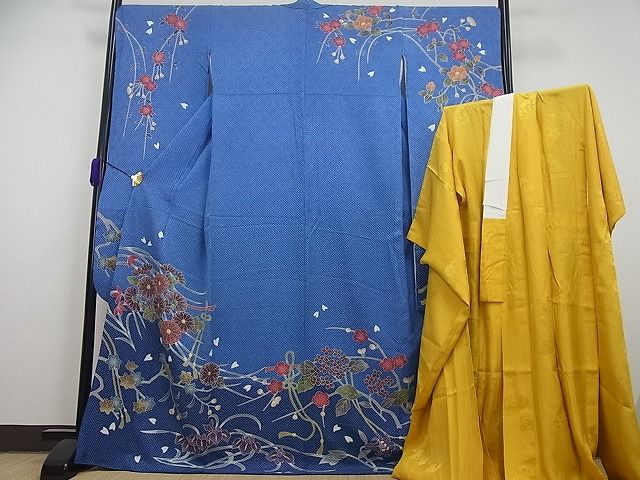 平和屋本店●希少　名門　藤娘きぬたや・総絞り　振袖・長襦袢セット　草花文　落款有り　逸品4s280