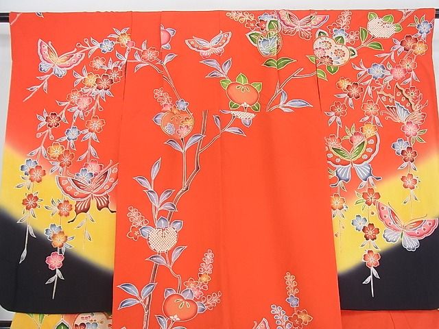 平和屋本店■七五三　女の子　7歳　祝着　橘　舞蝶花鳥文　暈し染め　金彩　逸品　3kh1810 - 平和屋