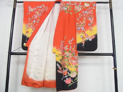 平和屋本店■七五三　女の子　7歳　祝着　橘　舞蝶花鳥文　暈し染め　金彩　逸品　3kh1810 - 平和屋