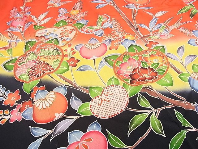 平和屋本店■七五三　女の子　7歳　祝着　橘　舞蝶花鳥文　暈し染め　金彩　逸品　3kh1810 - 平和屋