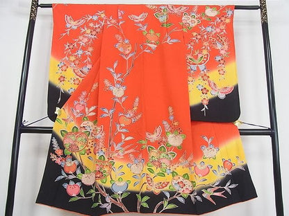 平和屋本店■七五三　女の子　7歳　祝着　橘　舞蝶花鳥文　暈し染め　金彩　逸品　3kh1810 - 平和屋