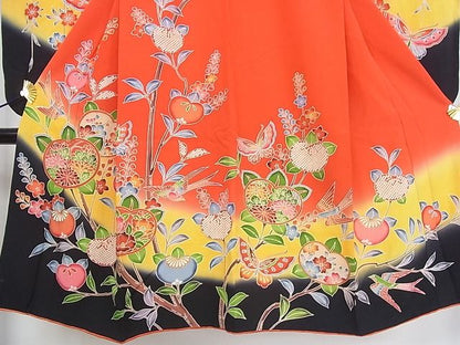 平和屋本店■七五三　女の子　7歳　祝着　橘　舞蝶花鳥文　暈し染め　金彩　逸品　3kh1810 - 平和屋