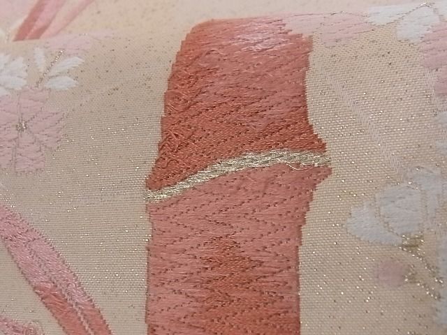 平和屋着物■六通柄袋帯 唐織 笹竹枝桜文 金糸 正絹 逸品 A-az3747