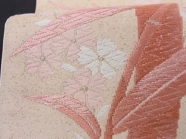 平和屋着物■六通柄袋帯 唐織 笹竹枝桜文 金糸 正絹 逸品 A-az3747