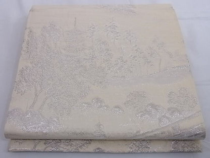 平和屋着物■六通柄袋帯 醍醐 風景文 銀糸 正絹 逸品 A-az4937