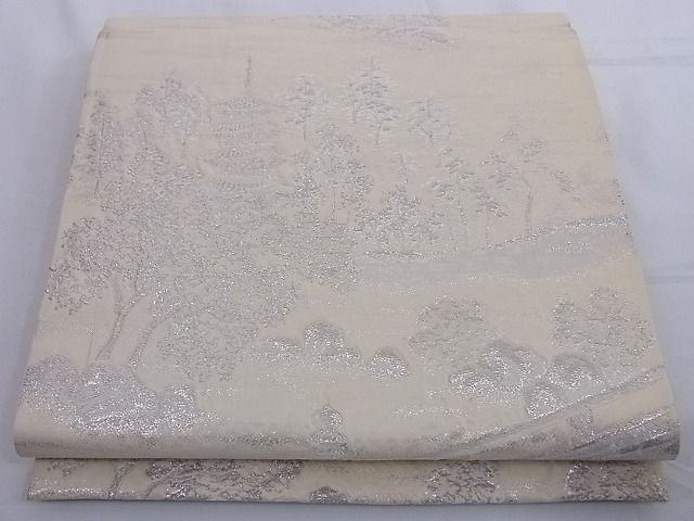 平和屋着物■六通柄袋帯 醍醐 風景文 銀糸 正絹 逸品 A-az4937