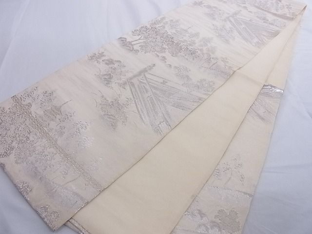 平和屋着物■六通柄袋帯 醍醐 風景文 銀糸 正絹 逸品 A-az4937