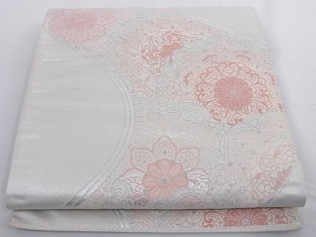 平和屋着物■六通柄袋帯 流水花文 銀糸 正絹 逸品 A-az4938