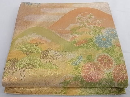 平和屋着物■七彩佐賀錦 六通柄袋帯 風景草花文 金銀糸 正絹 逸品 A-az4942