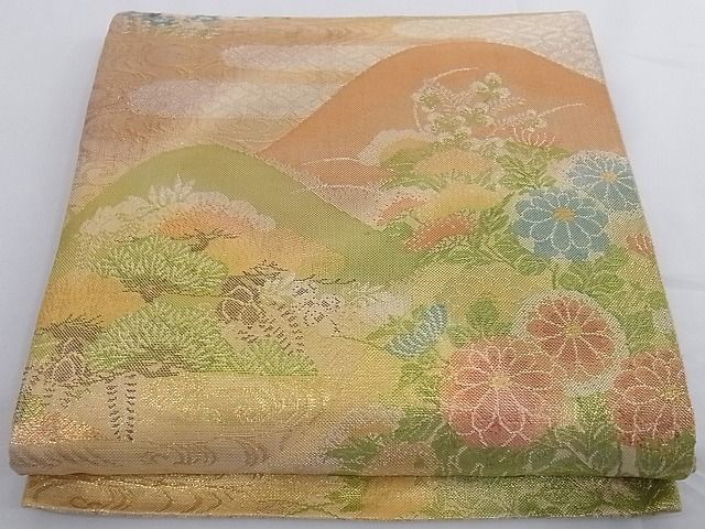 平和屋着物■七彩佐賀錦 六通柄袋帯 風景草花文 金銀糸 正絹 逸品 A-az4942