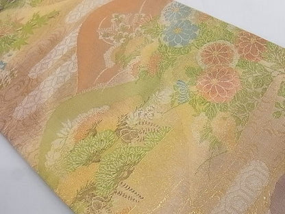 平和屋着物■七彩佐賀錦 六通柄袋帯 風景草花文 金銀糸 正絹 逸品 A-az4942