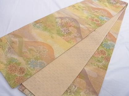 平和屋着物■七彩佐賀錦 六通柄袋帯 風景草花文 金銀糸 正絹 逸品 A-az4942
