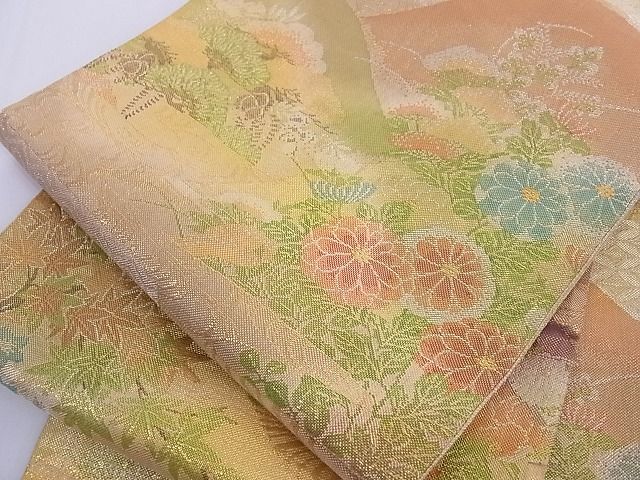 平和屋着物■七彩佐賀錦 六通柄袋帯 風景草花文 金銀糸 正絹 逸品 A-az4942