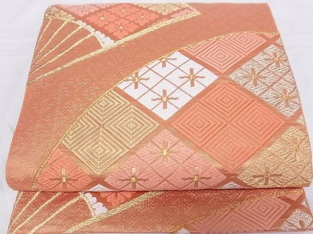 平和屋着物■六通柄袋帯 唐織 扇花文 金糸 正絹 逸品 A-br5495