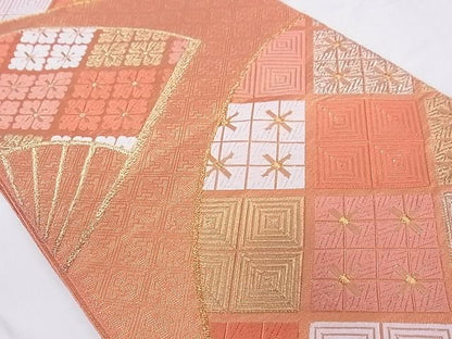平和屋着物■六通柄袋帯 唐織 扇花文 金糸 正絹 逸品 A-br5495