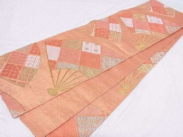 平和屋着物■六通柄袋帯 唐織 扇花文 金糸 正絹 逸品 A-br5495