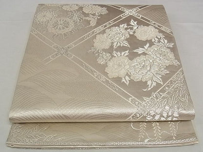 平和屋着物■六通柄袋帯 美保姿 流水花文 銀糸 正絹 逸品 A-pf4691