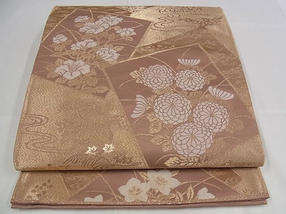 平和屋着物■六通柄袋帯 色紙重ね花文 金糸 正絹 逸品 A-pf4720