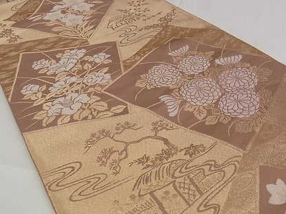 平和屋着物■六通柄袋帯 色紙重ね花文 金糸 正絹 逸品 A-pf4720