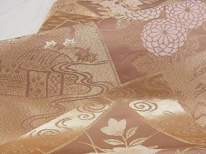 平和屋着物■六通柄袋帯 色紙重ね花文 金糸 正絹 逸品 A-pf4720
