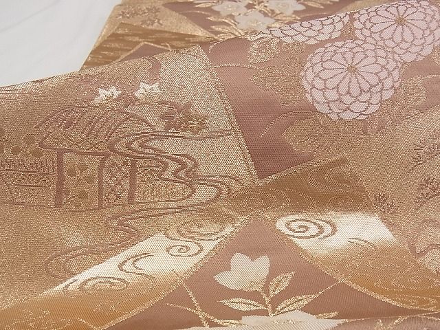 平和屋着物■六通柄袋帯 色紙重ね花文 金糸 正絹 逸品 A-pf4720