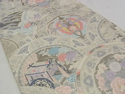 平和屋着物■六通柄袋帯 唐織 青海取絵皿文 プラチナ箔 正絹 逸品 A-pf4729