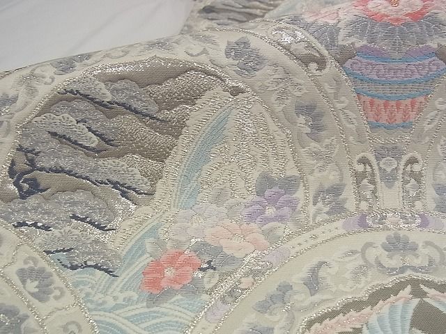 平和屋着物■六通柄袋帯 唐織 青海取絵皿文 プラチナ箔 正絹 逸品 A-pf4729