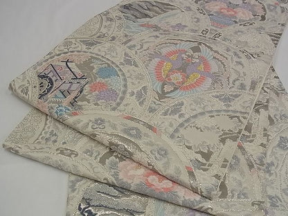 平和屋着物■六通柄袋帯 唐織 青海取絵皿文 プラチナ箔 正絹 逸品 A-pf4729